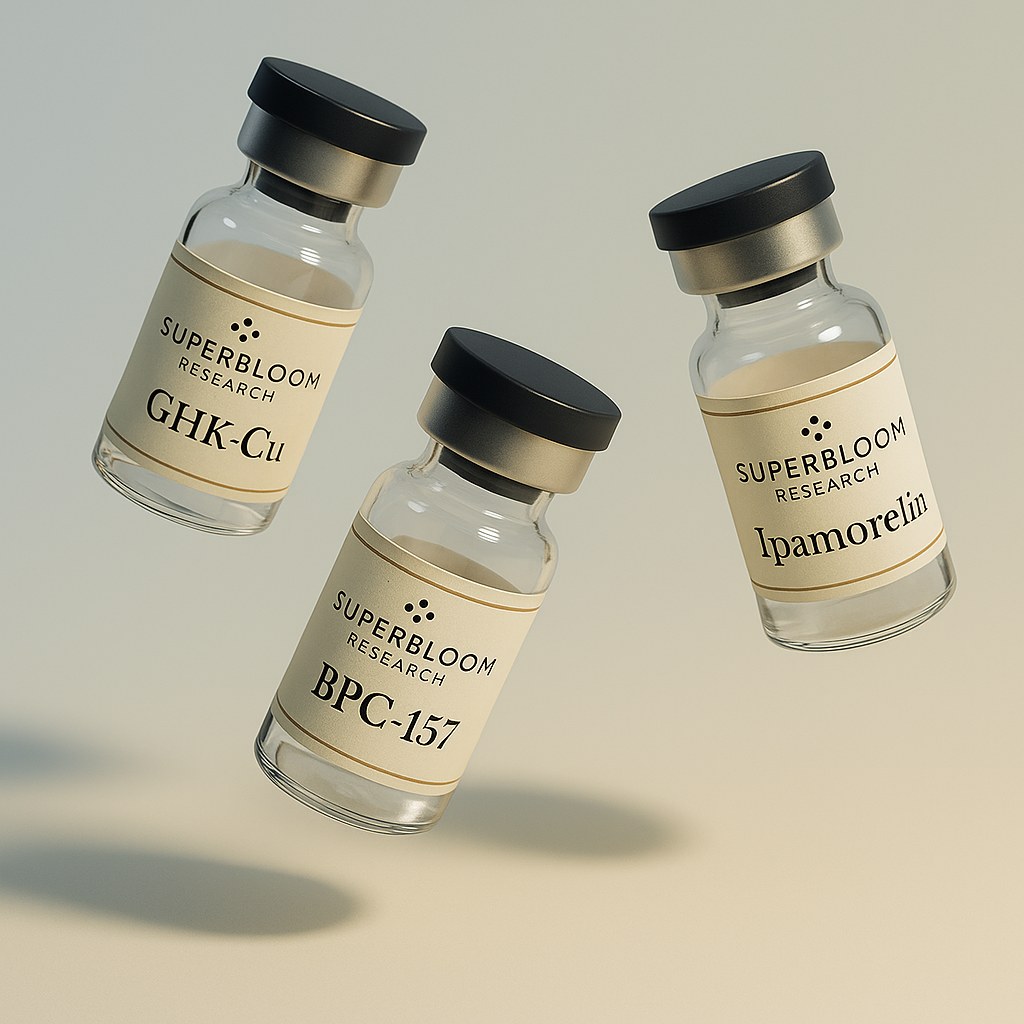 Studio photograph of Superbloom Research vials — GHK-Cu, BPC-157, and Ipamorelin